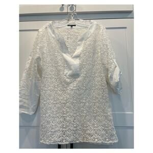 CHAUS white lace tunic or coverup L 3/4 length sleeve V-neck